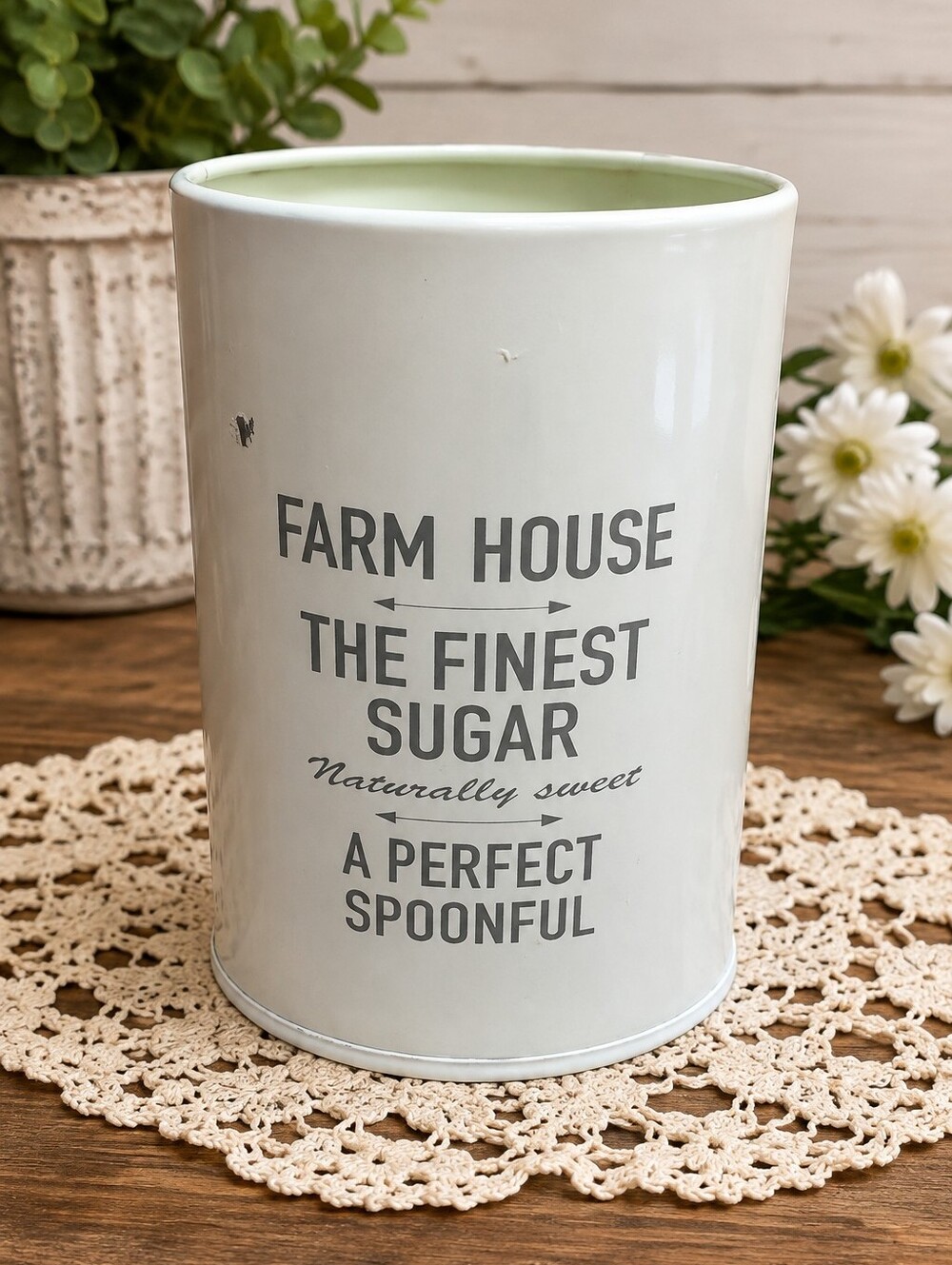 Farmhouse Style White Metal Sugar Canister – Rustic Kitchen Storage Decor